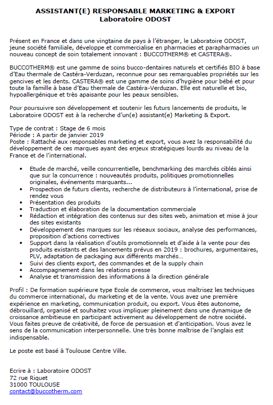 Le Laboratoire ODOST, fabriquant de la gamme BUCCOTHERM®, recrute un(e) Assistant(e) Marketing et Export ! 